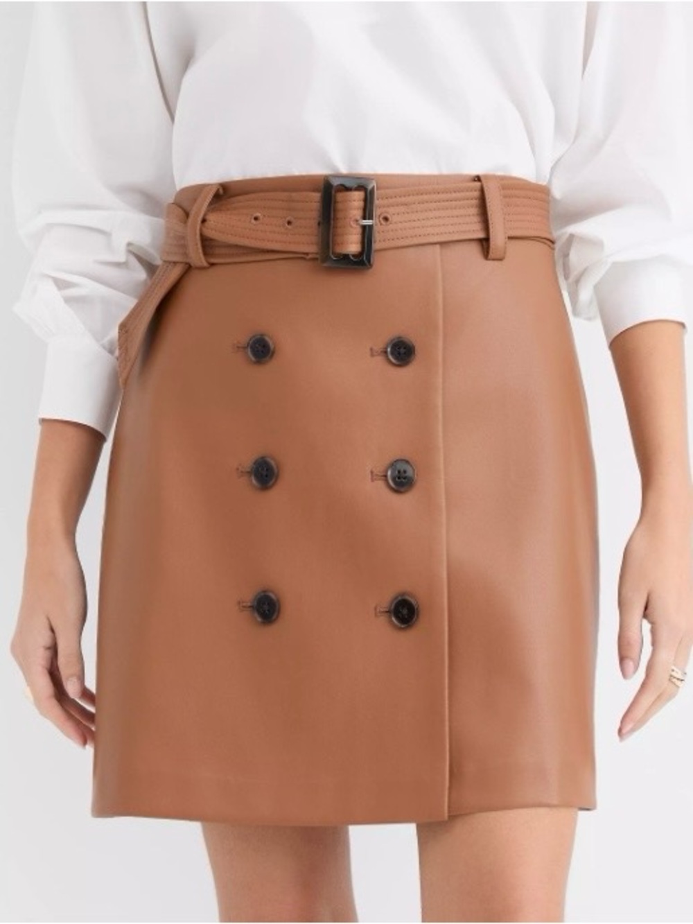 LOFT Cognac Faux Leather Mini Skirt with Belted Waist